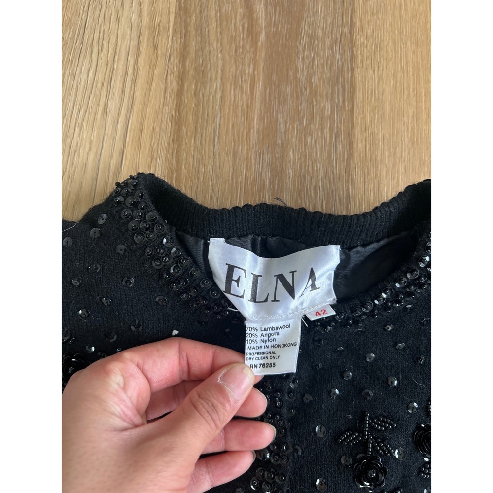 ELNA Vintage Beaded Sequin Cardigan Black Lambswool Angora Sweater Size 42 - Picture 3 of 6
